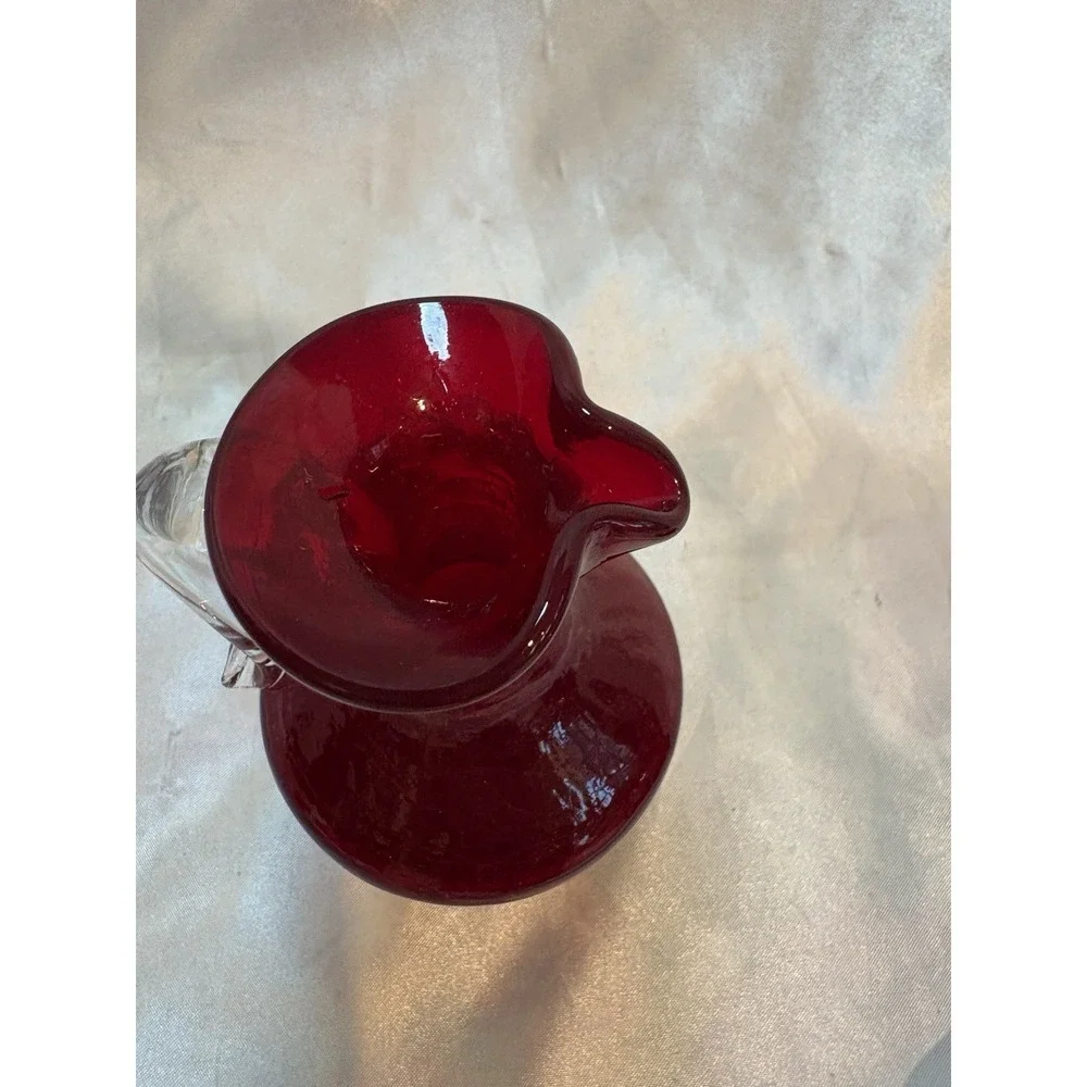 Vtg Hand Blown Ruby Red Glass Mini Pitcher With Clear Glass Handle